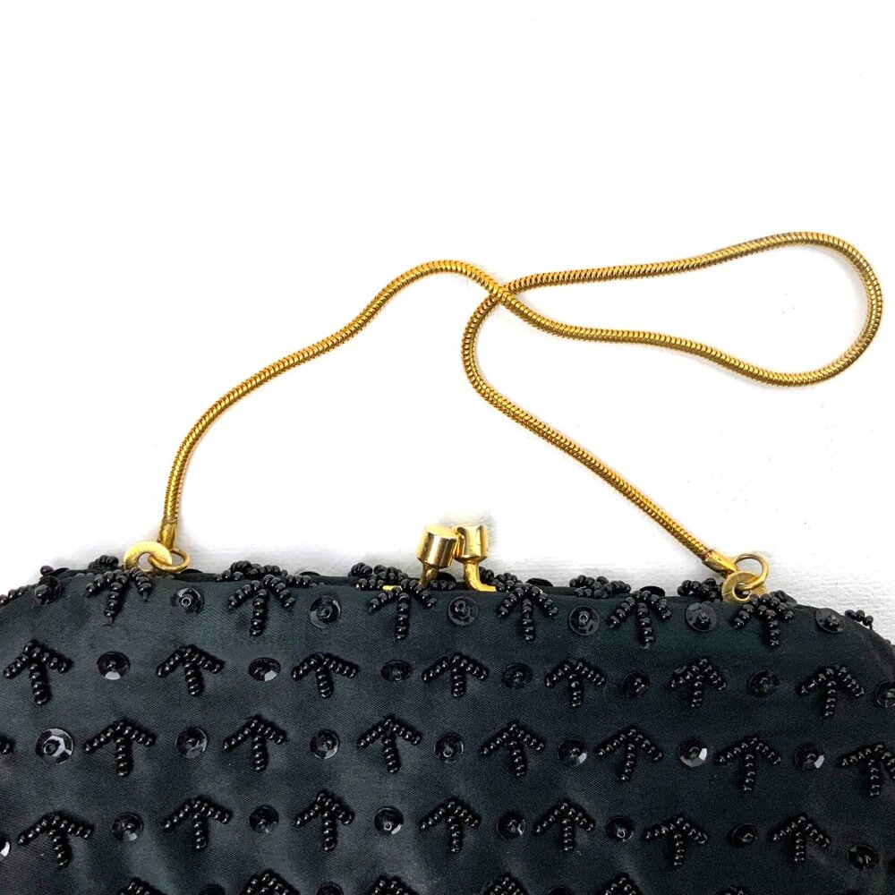 Vintage 60s Black Satin Silk Beaded and Sequined Evening Party Clutch/Bag - Picture 3 of 16